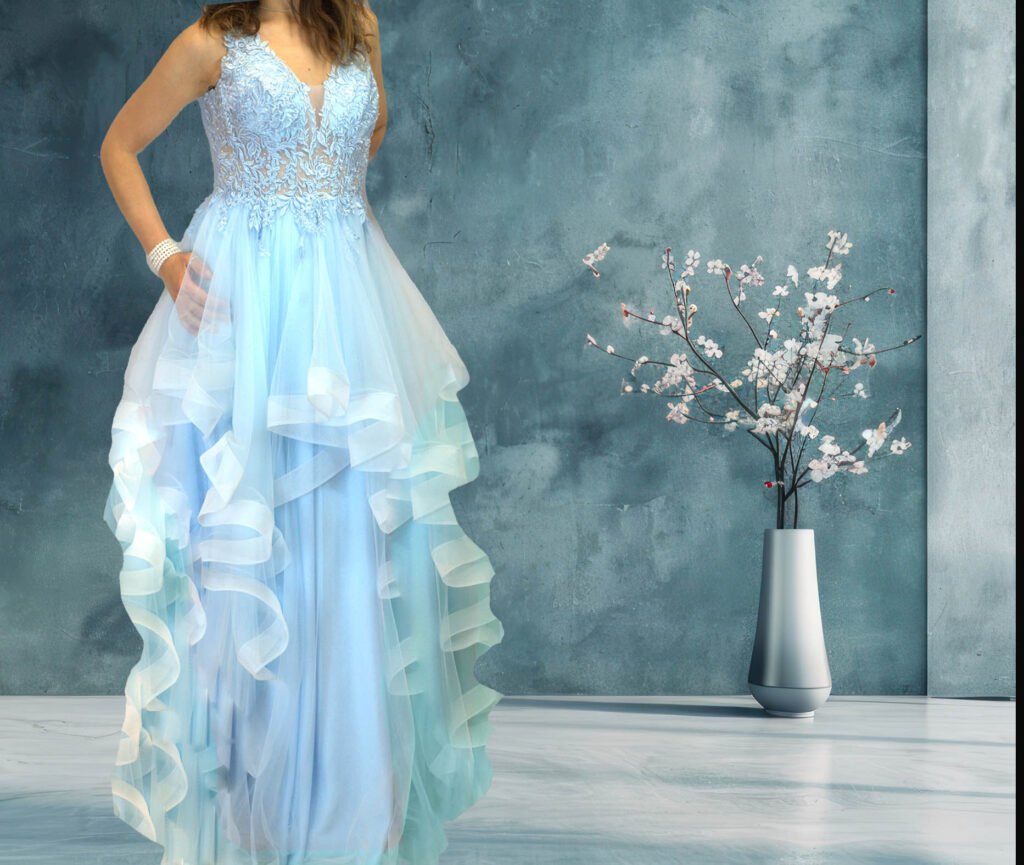 Diversity Design - Ruffled Ballgown V Neck Strap Dress COLOR SKY BLUE ...