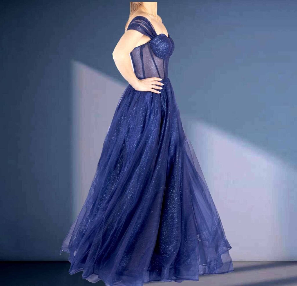 Fonthill Road Prom Dresses 25 NAVY A-line or styled off the shoulder