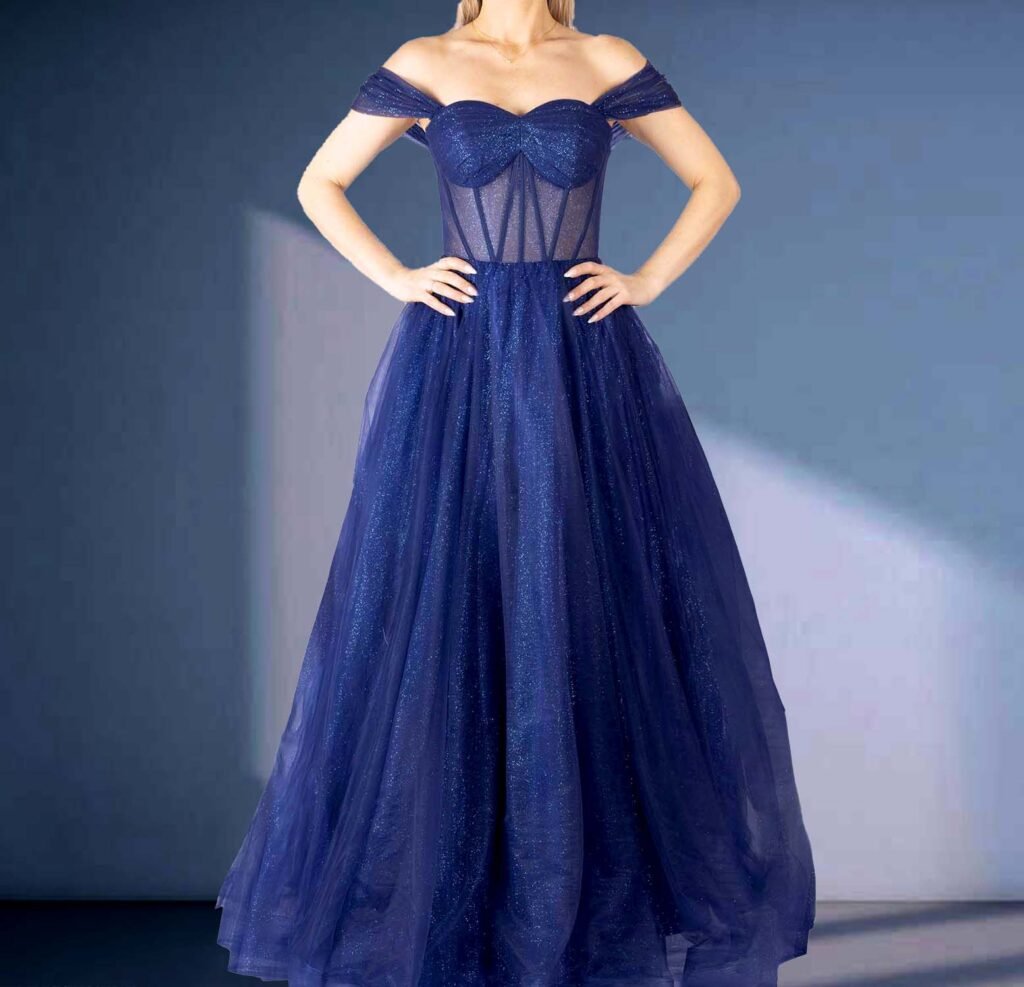Fonthill Road Prom Dresses 27 NAVY A-line or styled off the shoulder