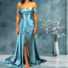 Teal Satin Off-Shoulder Slit Dress